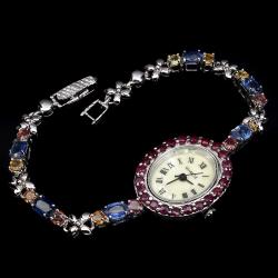 Серебряные часы с рубинами, сапфирами и перламутром