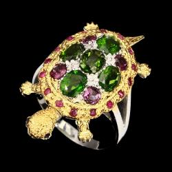 Серебряное кольцо с камнями "Черепашка" 18.5р -символ Богатства 