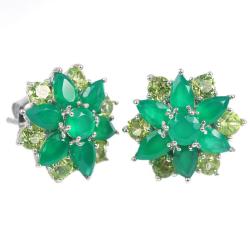 Серебряные серьги пусеты с зелеными драгоценными камнями "Симфония"