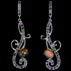 Ексклюзив! Срібні сережки підвіски з натуральним чорним опалом "Нота Бене" 