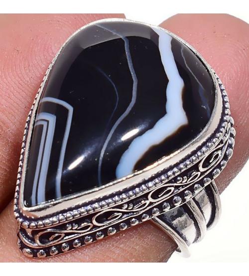 Серебряное кольцо с натуральным черным агатом 18р