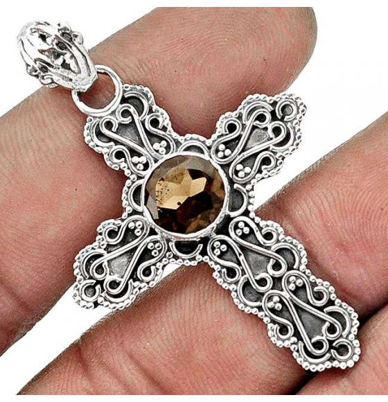 СЕРЕБРЯНЫЙ КУЛОН КРЕСТИК С РАУХТОПАЗОМ "ЭНИГМА"