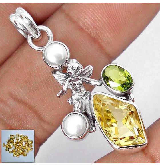 СЕРЕБРЯНЫЙ КУЛОН С ЦИТРИНОМ И ПЕРИДОТОМ "АНГЕЛ"