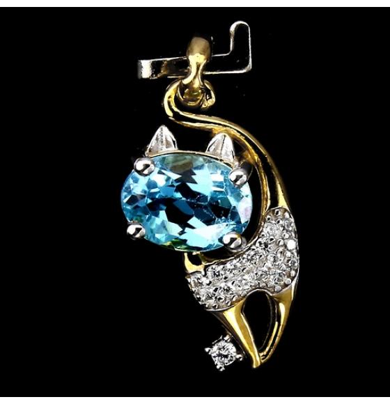 Кулон Котик с голубым Swiss blue топазом - Высокое качество. Доставка по Украине.