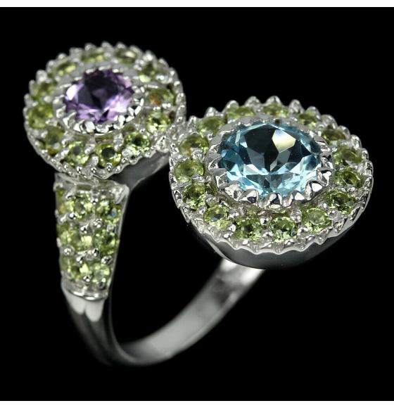 Серебряное кольцо с топазом, аметистом и хризолитом 18р